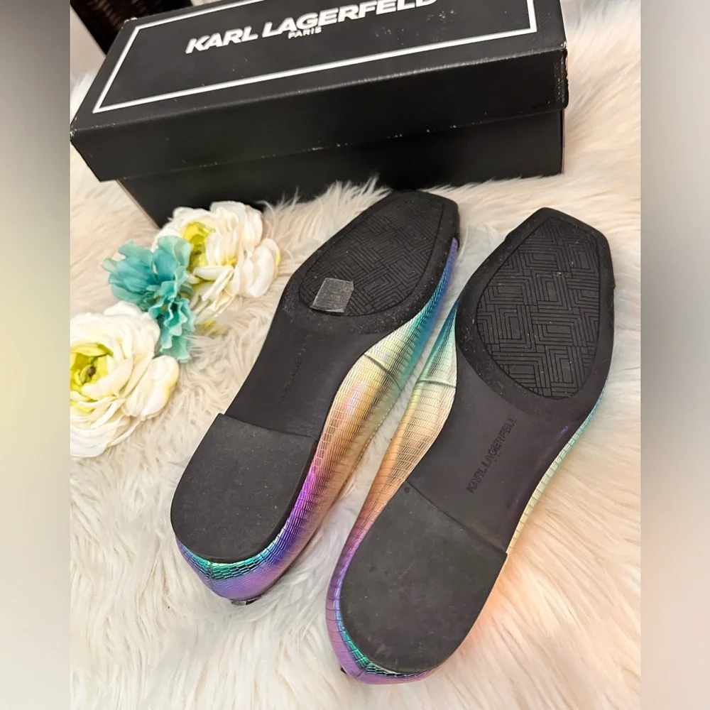 Karl Lagerfeld Paris Zayna MultiI Colored Metallic Black Flats Sz 9M NEW! FIRM! - Picture 9 of 10